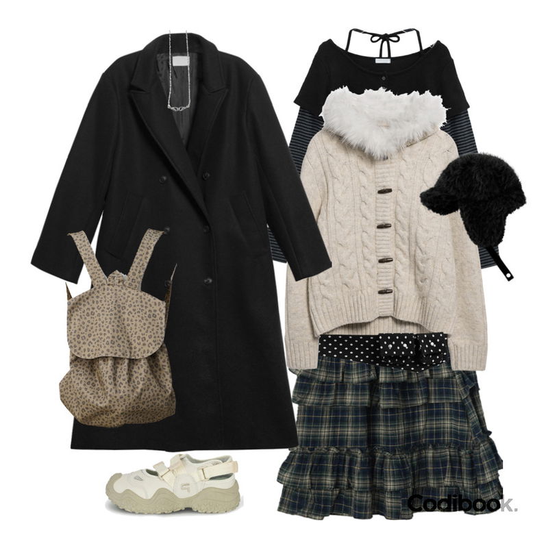 binary01 유티 도트&레오파드 백팩,FloridaStudio 에브리데이 ED2503 마르쿨 청키 벨크로 메리제인 스니커즈,binary01 트윌 체크 프릴 미디스커트등을 매치한 코디