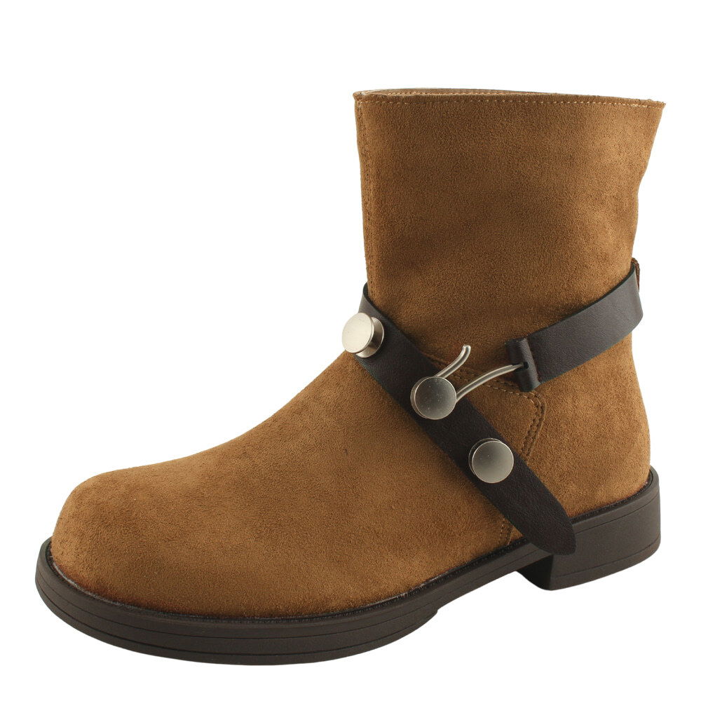 Suede button studded Fleece-lined flat ankle boots in camel 靴子