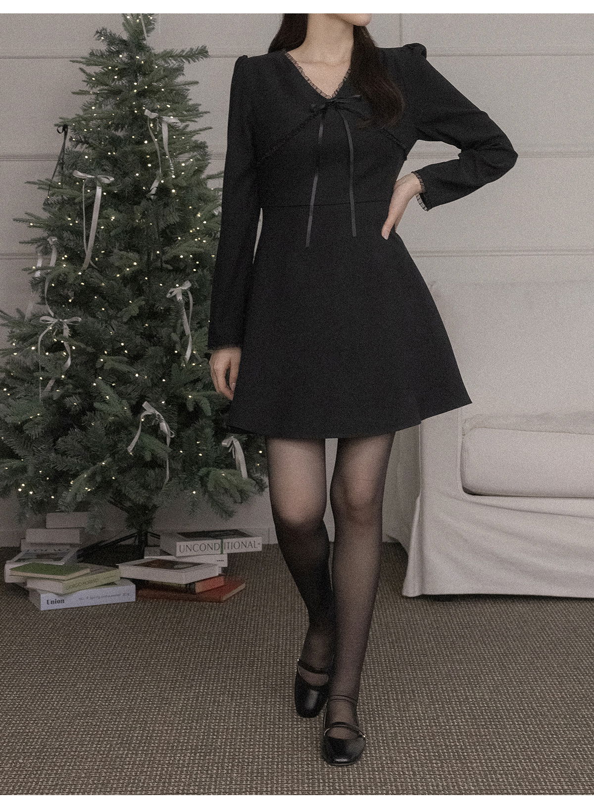 리리앤코 레스퓨티 피치기모 시스루 프릴 미니 원피스