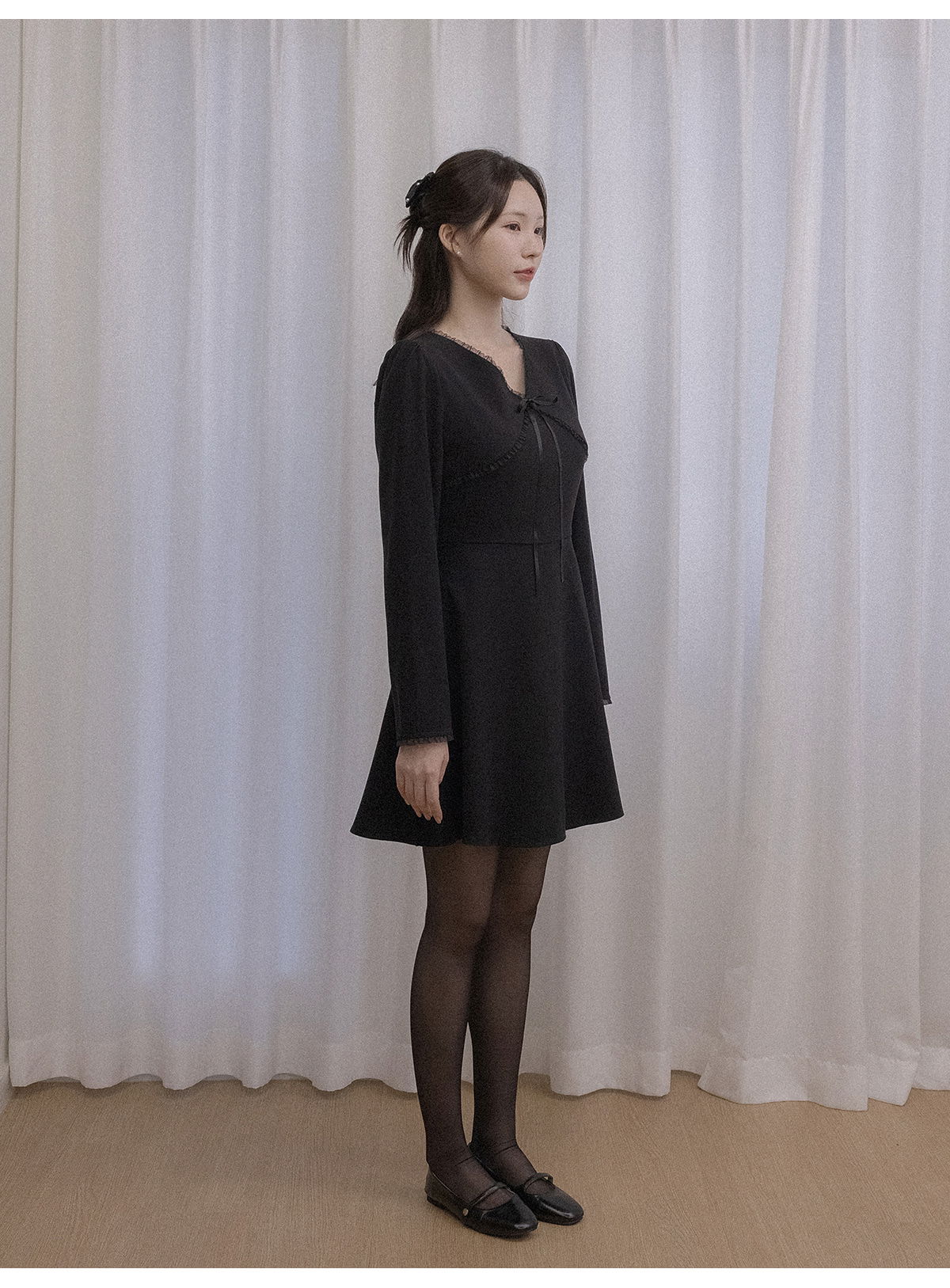 리리앤코 레스퓨티 피치기모 시스루 프릴 미니 원피스