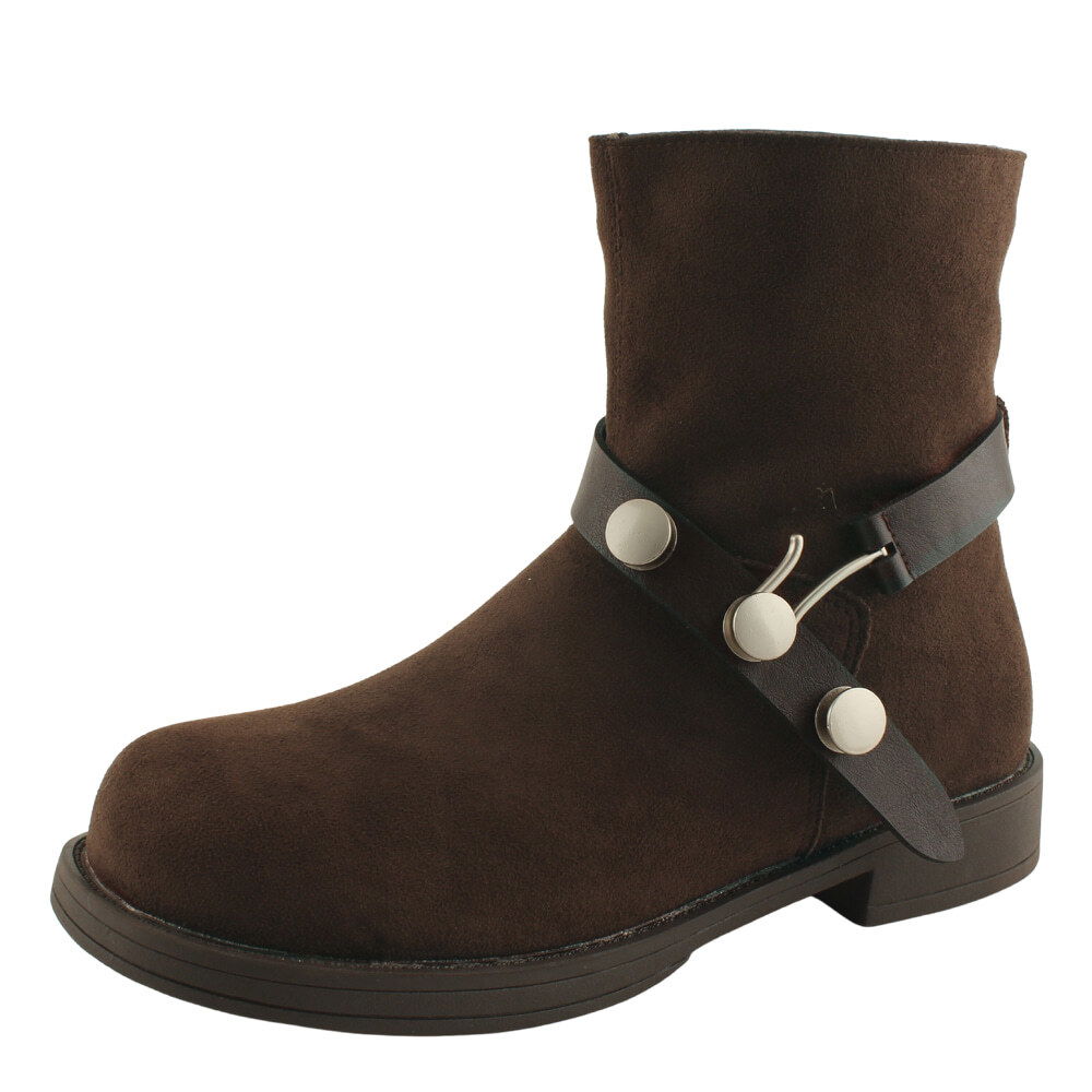 Suede button Fleece-lined brushed flat ankle boots in brown 靴子