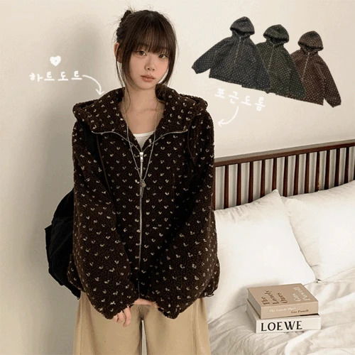 リシア ハートドット もこもこツーウェイフリースオーバーサイズビッグフードウィンタージャケット