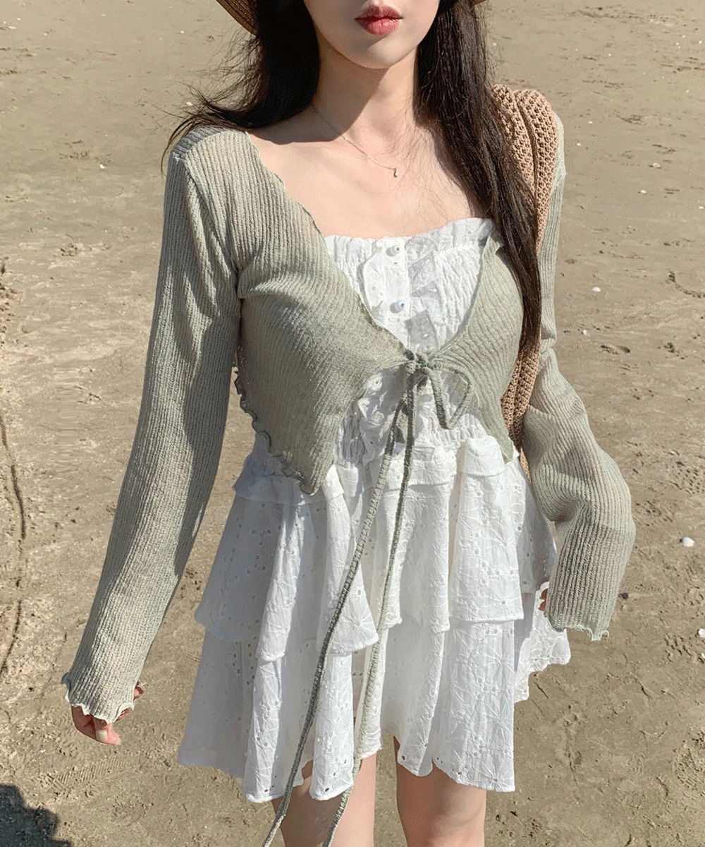 썸머 시스루 물결 브이넥 리본 스트랩 크롭 볼레로 가디건 (당일 출고)