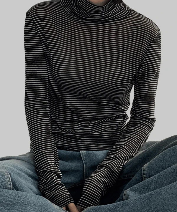 May Wool Tencel Stripe Turtleneck T-Shirt 长袖上衣