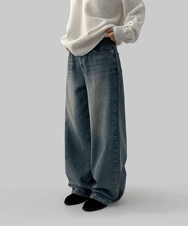 冬季刷毛寬版丹寧牛仔褲