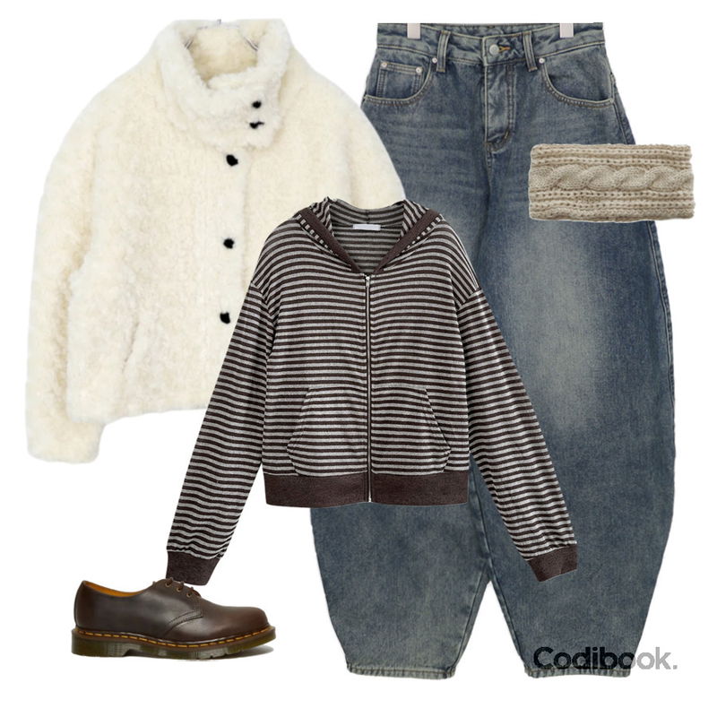 Loonough 부클 단가라 스트라이프 루즈핏 긴팔 후드집업,DAILYJOU 루에나 꽈배기 헤어밴드,ondeed 코이니 벌룬핏 데님 와이드 팬츠등을 매치한 코디