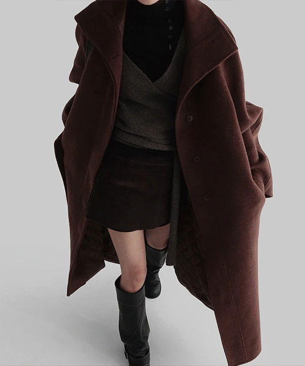 Mont Beret high-neck hidden button wool single long coat