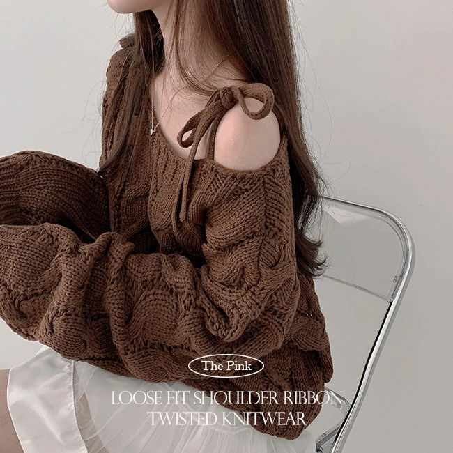 Wooning Loose-fit ribbon team Twisted knitwear  针织衫