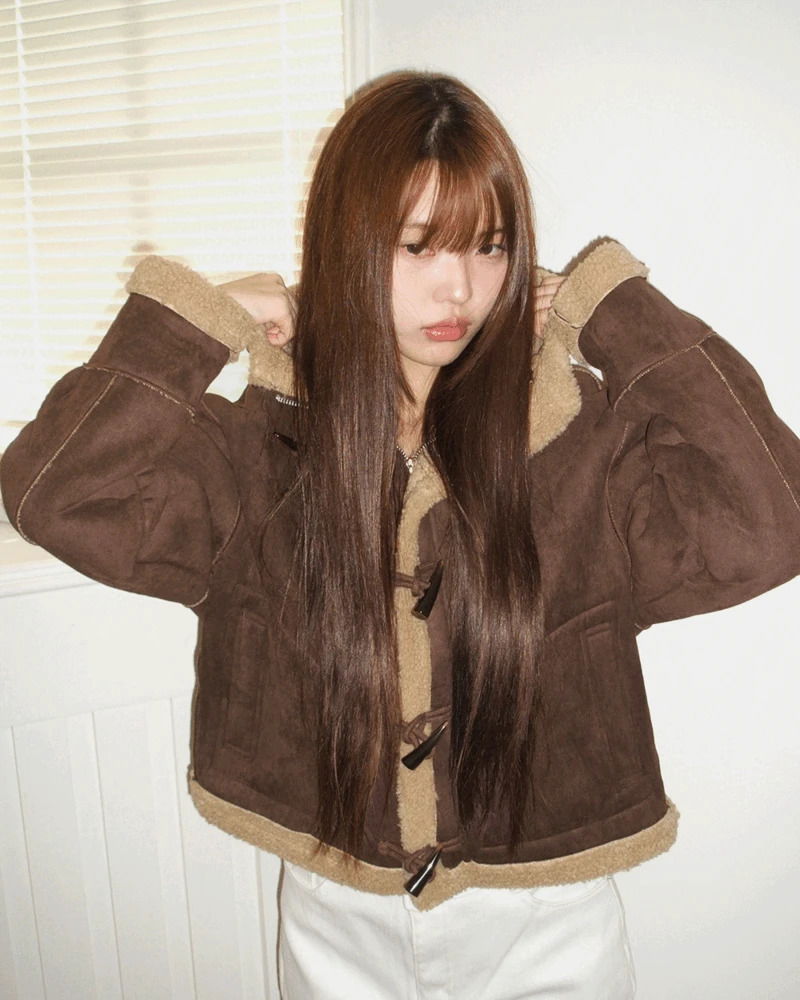 絨毛拼接麂皮連帽長版外套