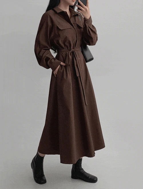 Trench Shirt Long Dress - Wedding Guest Look Recommendation/Belt Set/3 Colors