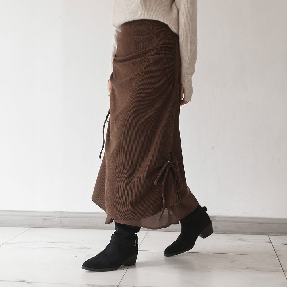 Dibea Corduroy String Layered Shirring Long Skirt