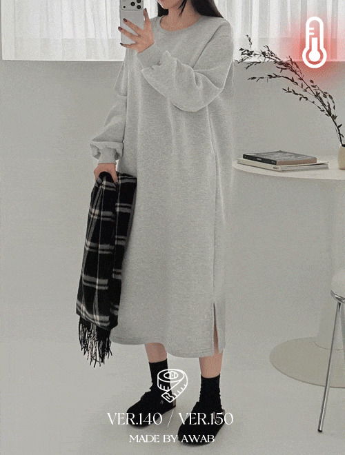 加絨圓領開衩長版針織洋裝