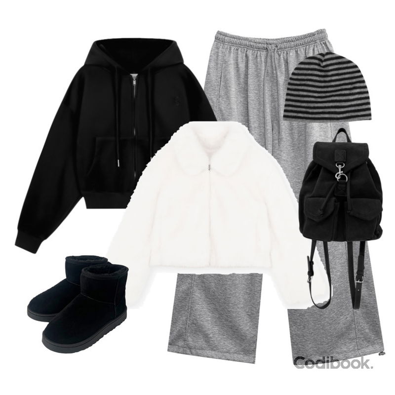 binary01 켄션 스트라이프 비니,anyonemore 벤자 어그 양털 숏 부츠 (5color),J-BLIN 니바 스웨이드 포켓 백팩등을 매치한 코디