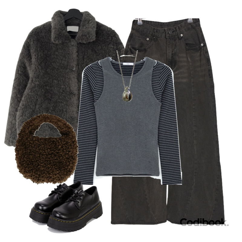 FloridaStudio 에브리데이 카론 청키 더비 슈즈 ED2531,EEZEE Washing Curved Cutting Denim DE065,MAENIQUE 테이즈 부클 버튼 카라 자켓등을 매치한 코디