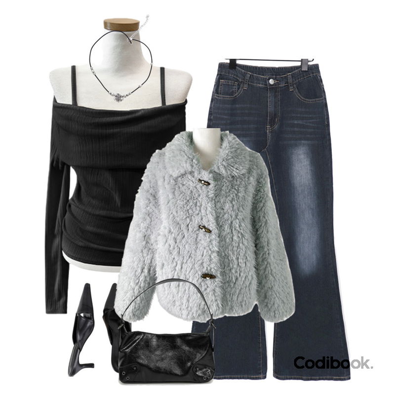 wonderwonder 미파 빈티지 꽃 펜던트 로프 목걸이,COLOR iN ID 트라이 스틸레토 뮬,wonderwonder 디핀 하이웨스트 힙포켓 부츠컷 워싱 데님 팬츠등을 매치한 코디