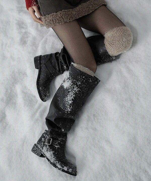 Signet shirring knee-high buckle Faded long boots 靴子