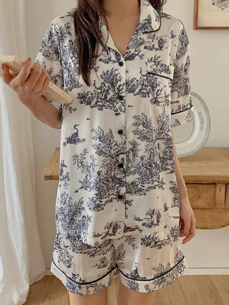 Majudien silk color blocking piping banding pajama bottoms 内衣