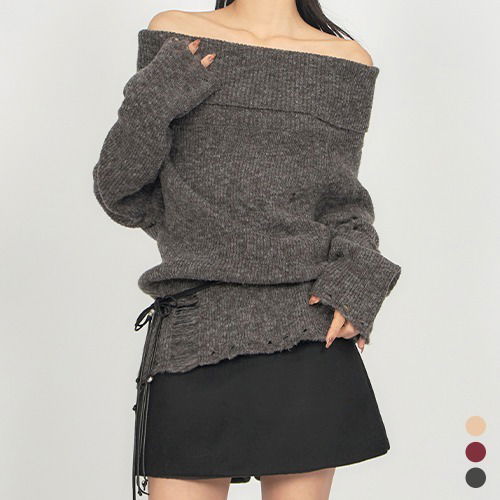 Damage Fold Off-Shoulder Knit KN023 针织衫