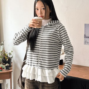 빅사이즈 55-99 캐일린 기모 배색 프릴 스트라이프 긴팔 후드 집업