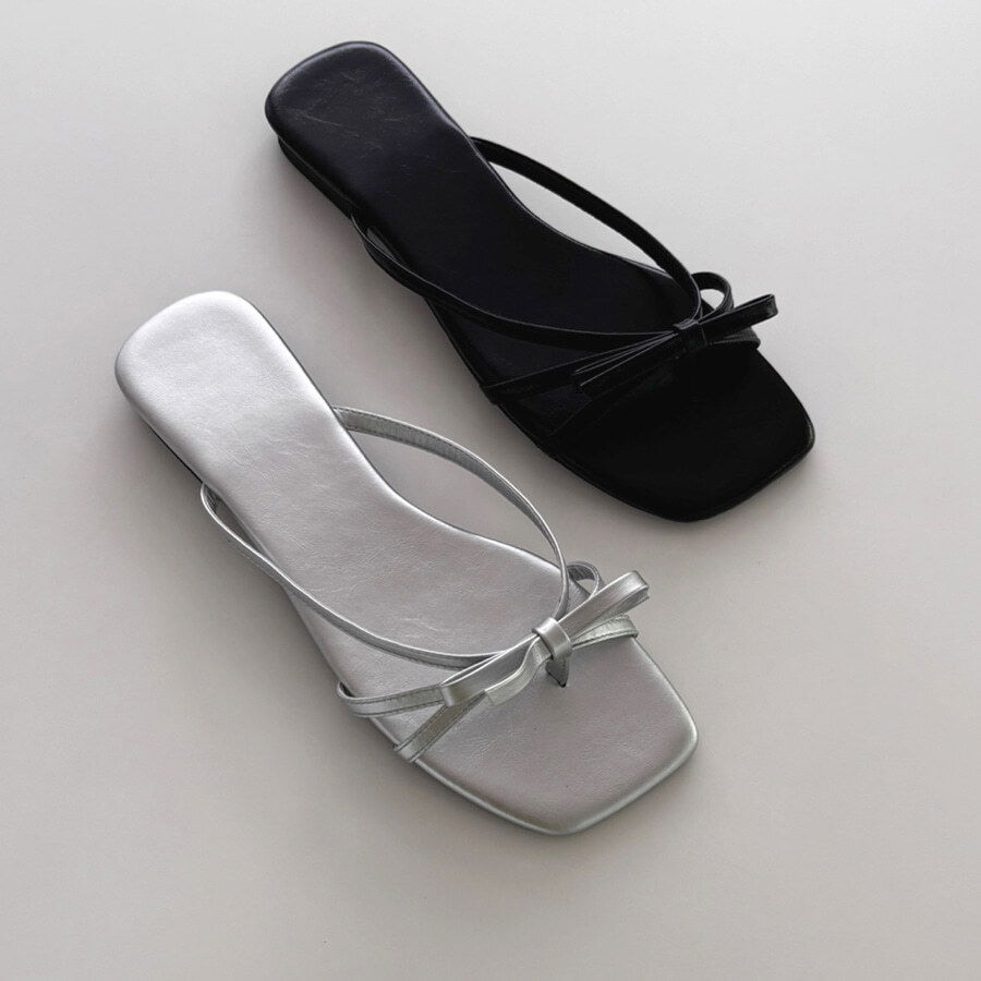 絲帶皮革平底涼拖鞋