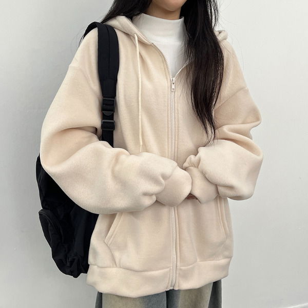 Warm, plain fleece overfit hooded zip-up 拉鍊外套