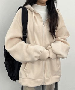 Warm, plain fleece overfit hooded zip-up