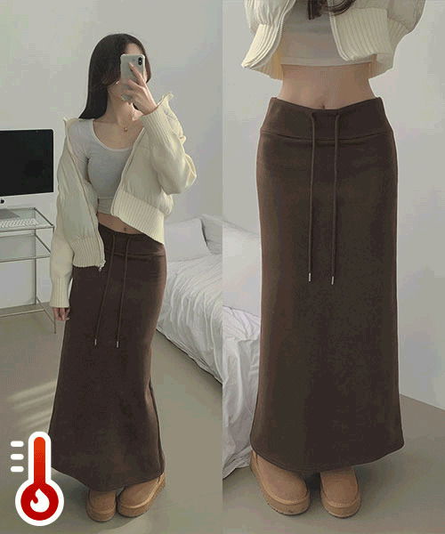 低腰抓皺A字加絨長牛仔裙