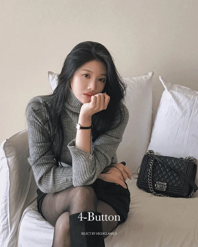 Four-button high- Ribbed slim-fit sleeve button long-sleeved Turtleneck knitwear