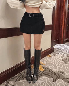 アカイハーフハイウエストベルトSET開きスカート裏地付きスウェード冬ミニスカートスカートパンツ