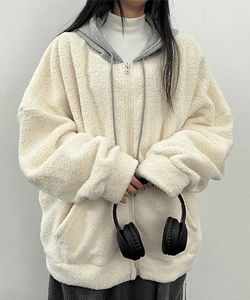 Warm fleece two-way hooded zip-up