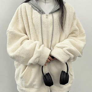 따뜻 양털 배색 투웨이 후드집업