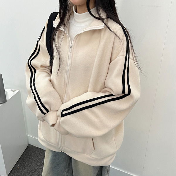 寬版連帽絨毛拉鍊外套