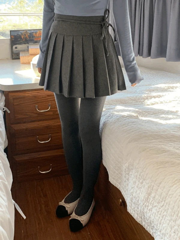 冬季羊毛緞帶百褶鬆緊腰迷你裙