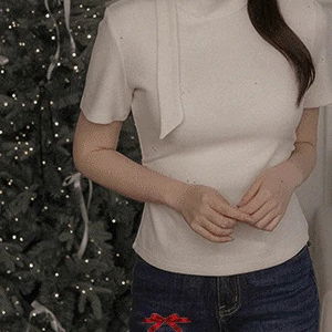 비브넬디 스판 글리터 하이넥 타이 반팔 티셔츠