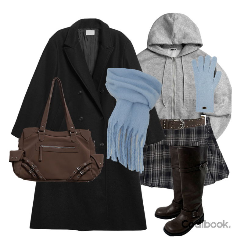 common unique 배레 벌키 롱 부클 머플러,noirmute 디절브 아일렛 벨트 레더 빅 숄더백 EYELET BELT LEATHER BIG SHOULDER BAG,anyonemore 오빅 셔링 바이커 버클 롱 부츠 (2color)등을 매치한 코디