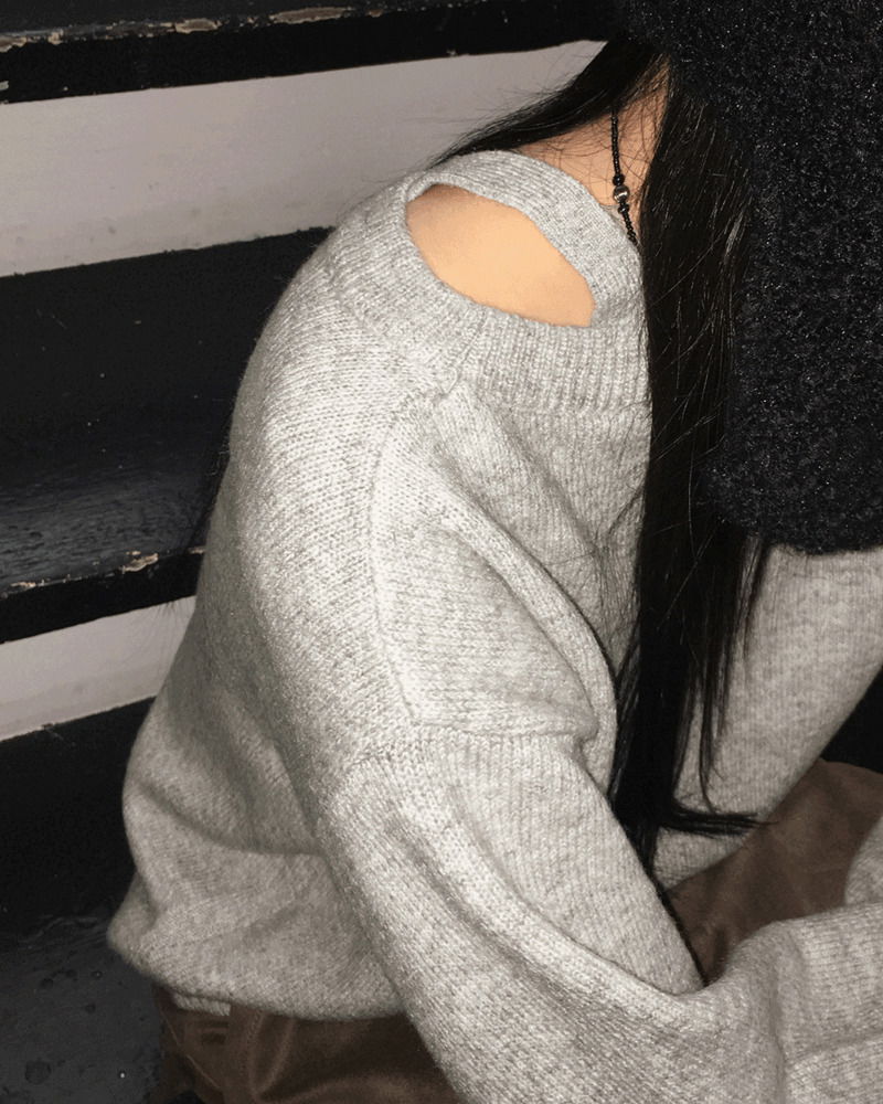 不對稱單肩綴帶長袖針織上衣