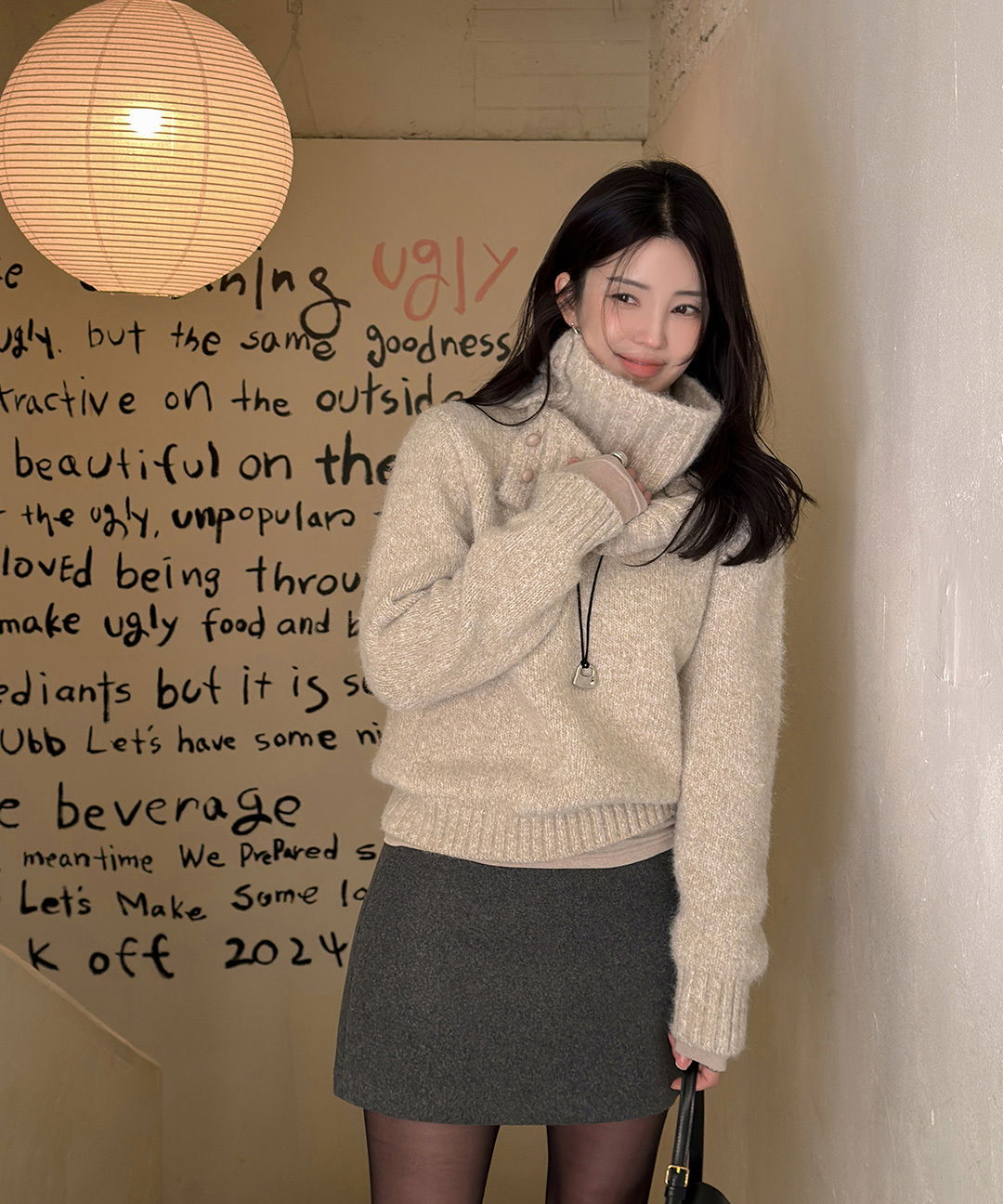 Morere Winter Basic Round Neck Loose-fit Wool Knitwear + Turtleneck Warmer Two-Piece Set