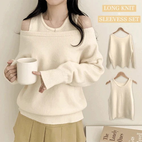 丹丹唇型露肩寬鬆針織上衣 + 背心分層兩件式套裝