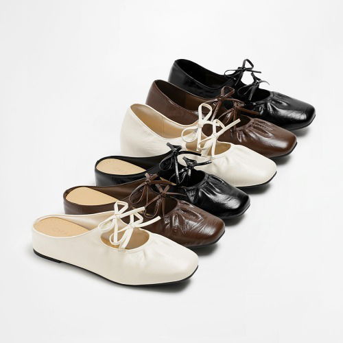 蕾絲綁帶白色真皮平底穆勒鞋