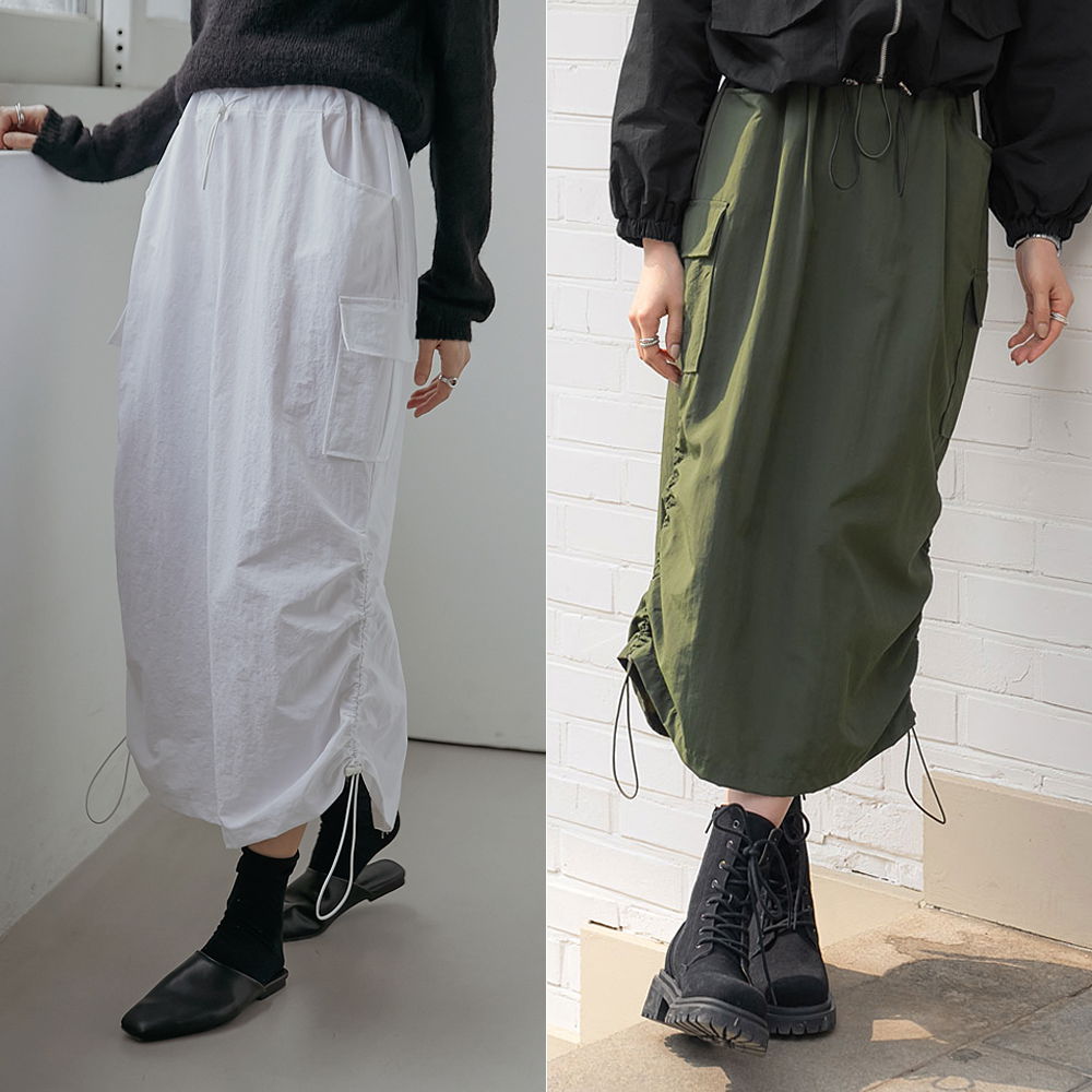 鬆緊抽繩工裝尼龍長裙