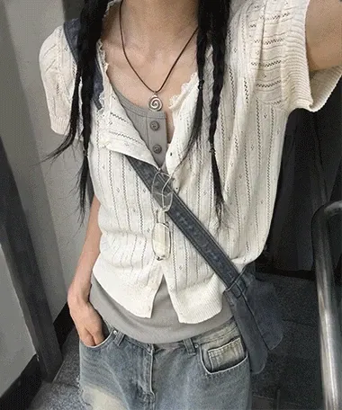 파페 펀칭 레이스 니트 반팔 가디건