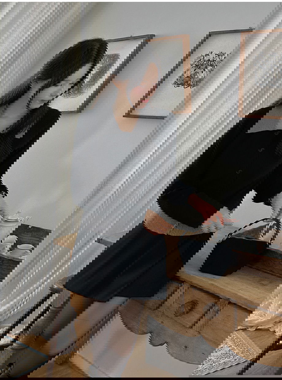 텐브니티 배색 레이어드 카라넥 니트 가디건