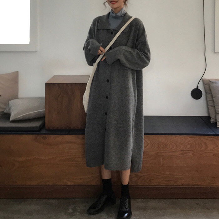 慵懶風襯衫領針織長洋裝