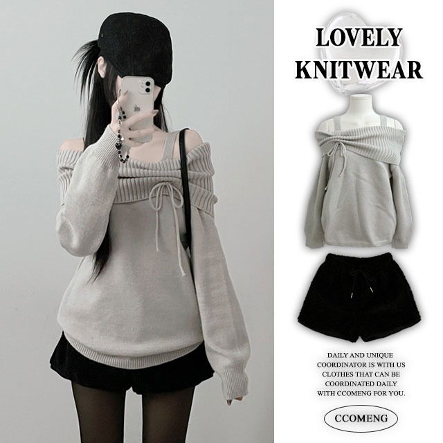 Year-end look for hip shirring ribbon off-shoulder strap box fit knitwear