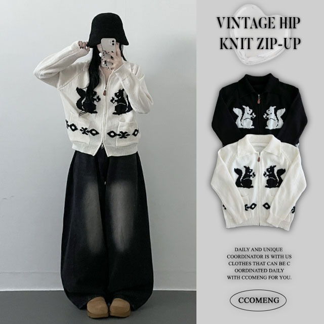 Squirrel guard pattern karatuway knitwear zip-up Zip-up