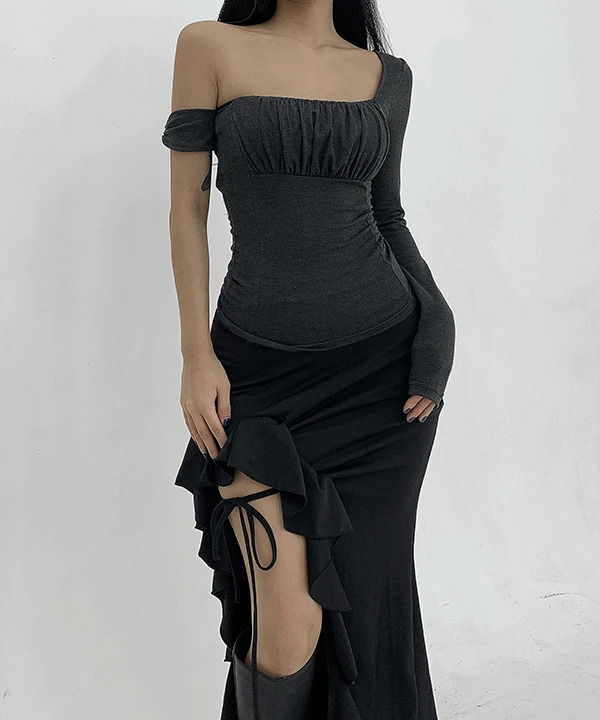 アリーデイリーシャーリングアンバランスワンショルダーバルーンクロップTシャツトップ