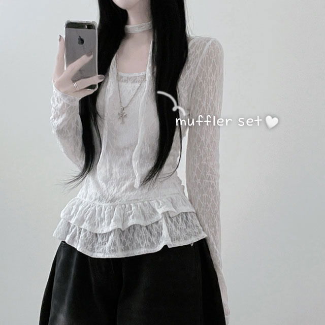 純白蕾絲透膚荷葉邊方領上衣圍巾套裝