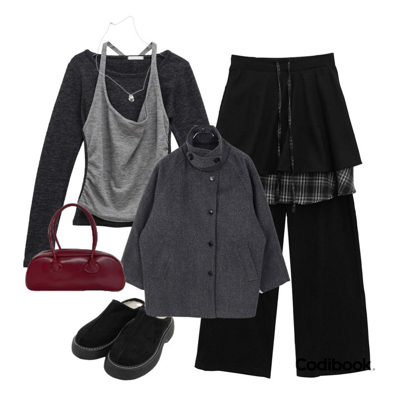 MAENIQUE 히조 스웨이드 뮬 어그,moaround 포리드 바게트 토트백 -2color,binary01 로디안 홀터 티셔츠등을 매치한 코디