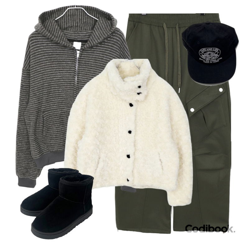 anyonemore 벤자 어그 양털 숏 부츠 (5color),wonderwonder 엘루 뽀글이 버튼 자켓,wonderwonder 다온 빅 포켓 투웨이 기모 카고 팬츠등을 매치한 코디