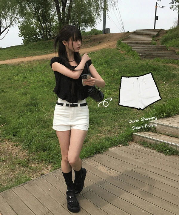 褶皺設計休閒短牛仔褲